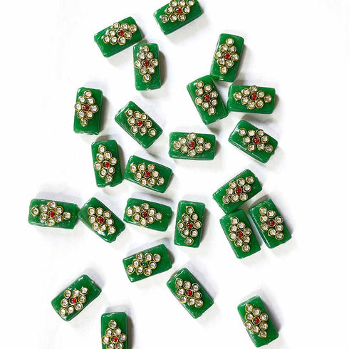 Green Color Rectangle Shape Beads With Kundan Work Pack Of 6